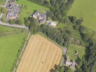 Oblique aerial view of Closeburn Parish Church, taken from the SSE.