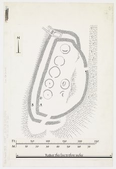 Inked plan of Black Meldon fort, traced and redrawn from the original pencil survey drawing (PBD 88/2). A reduced version appeared in RCAHMS Peebleshire 1 (1967), p101 Fig. 76.