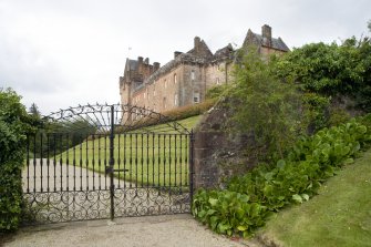 View of walled garden boundary and cast iron gates to north east of castle