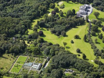 Oblique aerial view of Cally House and walled garden, taken from the SE.