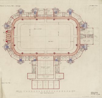 Edinburgh, Murrayfield Ice Rink and Sports Stadium.
Ground floor plan of proposed ice hockey rink.
Titled: 'Proposed Ice Hockey Rink - Edinburgh'.
Insc: '2nd Sketch Plans'.   'J. B. Dunn & Martin   Chartered Architects   14 Frederick Street   Edinburgh   8-1-38'.

