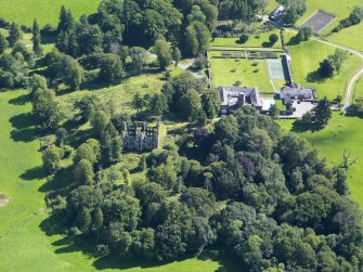Oblique aerial view of Gelston Castle and policies, taken from the NW.