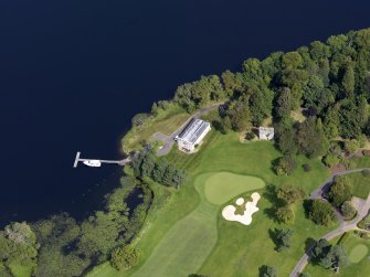 Oblique aerial view of Rossdhu House stables and boathouse, taken from the SSE.