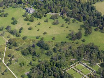 General oblique aerial view of Balloch Castle and walled garden, taken from the SSW.