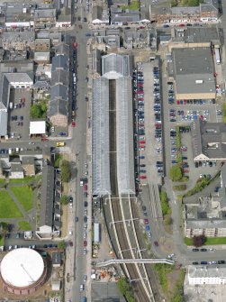 Oblique aerial view of Helensburgh Central Station and Council Offices, taken from the ESE.