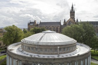 Elevated view looking across the roof of the reading room to the main university buildings, taken from the roof of the student refectory to the north