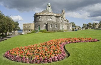 General view of Bo'ness Town Hall and Carnegie Library, taken from the South-West in Glebe Park. This photograph was taken as part of the Bo'ness Urban Survey to illustrate the character of the School Brae Area of Townscape Character.