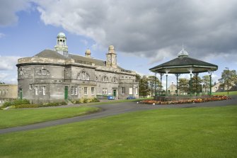 General view taken from Glebe Park looking towards Bo'ness Town Hall and bandstand, taken from the South-West. This photograph was taken as part of the Bo'ness Urban Survey to illustrate the character of the School Brae Area of Townscape Character.