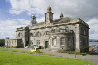 General view of Bo'ness Town Hall and Carnegie Library, Stewart Avenue, Bo'ness, taken from the South-East. This photograph was taken as part of the Bo'ness Urban Survey to illustrate the character of the School Brae Area of Townscape Character.