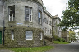 View of the North (principal) elevation of Bo'ness Town Hall and Carnegie Library, Stewart Avenue, Bo'ness, taken from the North-East. This photograph was taken as part of the Bo'ness Urban Survey to illustrate the character of the School Brae Area of Townscape Character.