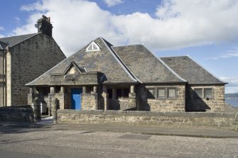 View of the South (principal) elevation of the Masonic Lodge on Stewart Avenue, Bo'ness, taken from the South. This photograph was taken as part of the Bo'ness Urban Survey to illustrate the character of the School Brae Area of Townscape Character.