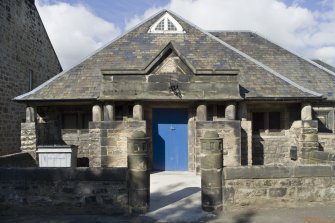 View of the entrance on the South (principal) elevation of the Masonic Lodge on Stewart Avenue, Bo'ness, taken from the South. This photograph was taken as part of the Bo'ness Urban Survey to illustrate the character of the School Brae Area of Townscape Character.