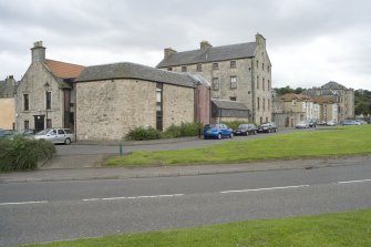 General view showing Waggon Road, Bo'ness Library and the rear of 37-49 Scotland's Close,  taken from the North. This photograph was taken as part of the Bo'ness Urban Survey to illustrate the character of the Town Centre Area of Townscape Character.