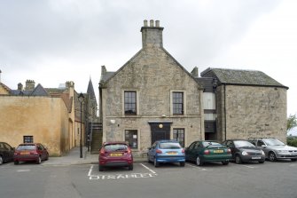 General view showing Bo'ness Library, Scotland's Close and the North-Western edge of Dymock's buildings, taken from the North-East. This photograph was taken as part of the Bo'ness Urban Survey to illustrate the character of the Town Centre Area of Townscape Character.
