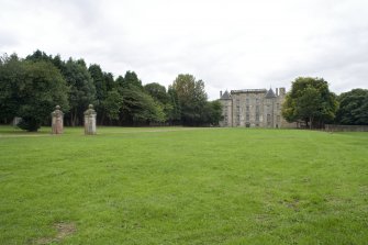 View looking towards Kinneil House and gate piers, Bo'ness, taken from Duchess Anne Cottages to the North-East. This photograph was taken as part of the Bo'ness Urban Survey to illustrate the character of the Kinneil Area of Townscape Character.