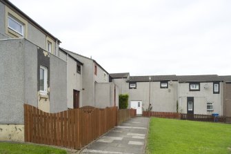 Street view showing terraced housing accessed by pedestrian pathways at 17-29 Gauze Place, Bo'ness, taken from the East. This photograph was taken as part of the Bo'ness Urban Survey to illustrate the character of the Hillcrest and Brewlands Area of Townscape Character.