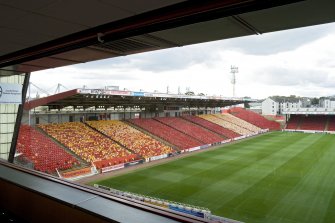 Interior. View of pitch from executive box within Richard Donald stand.