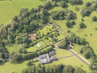 Oblique aerial view of Hunterston Castle and walled garden, taken from the E.
