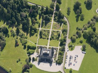 Oblique aerial view of Inveraray Castle and gardens, taken from the NE.