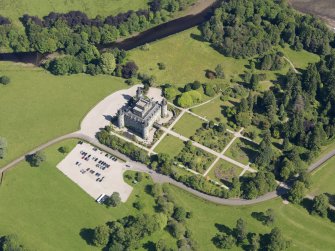 Oblique aerial view of Inveraray Castle and gardens, taken from the WNW.