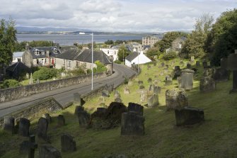 General street view showing Church Wynd, Bo'ness, taken from Bo'ness Parish Churchyard to the South-West. This photograph was taken as part of the Bo'ness Urban Survey to illustrate the character of the Corbiehall and Snab Area of Townscape Character.