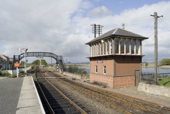 View of railway lines, signal box and bridge at Bo'ness Railway Station, taken from the East. This photograph was taken as part of the Bo'ness Urban Survey to illustrate the character of the Industrial and Shoreline Area of Townscape Character.