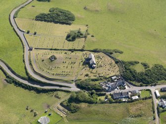 Oblique aerial view of Kirkmaiden Old Parish Church, taken from the WNW.