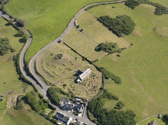 Oblique aerial view of Kirkmaiden Old Parish Church, taken from the SW.