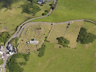 Oblique aerial view of Kirkmaiden Old Parish Church, taken from the S.