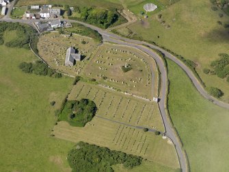 Oblique aerial view of Kirkmaiden Old Parish Church, taken from the E.