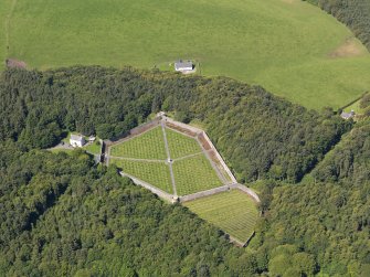 Oblique aerial view of Lochnaw Castle walled garden, taken from the ESE.