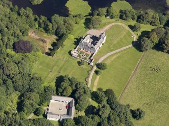 Oblique aerial view of Lochnaw Castle, taken from the SSW.
