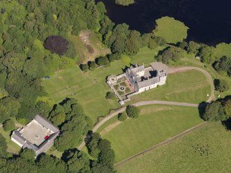Oblique aerial view of Lochnaw Castle, taken from the SSE.