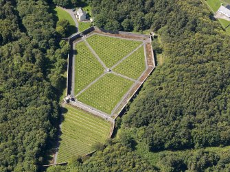 Oblique aerial view of Lochnaw Castle walled garden, taken from the NE.