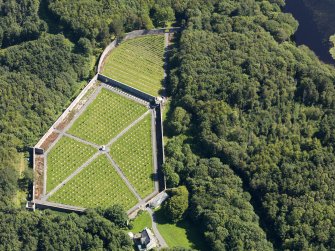 Oblique aerial view of Lochnaw Castle walled garden, taken from the SW.