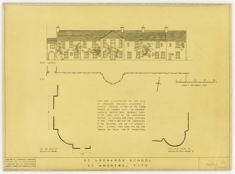 Drawing of St Leonards School, St Andrews, showing south elevation, plan and full size details of mouldings. 
Measured by F. Chatwin, A. Anderson. Traced by A. Anderson, Dundee School of Architecture.