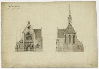 East and West Elevations of proposed scheme for All Saints Episcopal Church, Edinburgh, with 5 bay nave and fleche signed R Anderson
