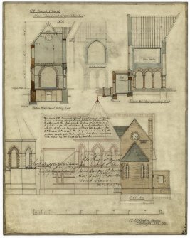 Elevations, sections and details of New Chapel and Organ Chamber. Drawing dated 1888 but signed by R Anderson and contractors as a contract drawing in December 1896