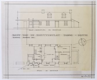 Eastend of Shutterflat.
East elevation and ground floor plan showing builidng as existing pre alterations. 
Title: East End of Shutterflat Farm, Beith