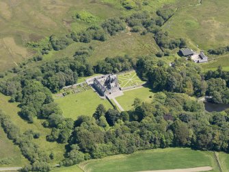 Oblique aerial view of Old Place of Mochrum, taken from the WNW.