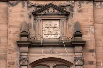 Detail of pediment above main entrance of Arthurstone Terrace Public Library, Dundee, taken from the SSE.