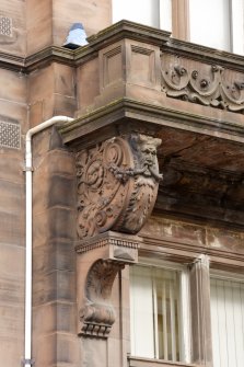 Detail of stone carving on balcony support of Arthurstone Terrace Public Library, Dundee, taken from the S.