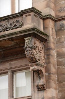 Detail of stone carving on balcony support of Arthurstone Terrace Public Library, Dundee, taken from the SE.