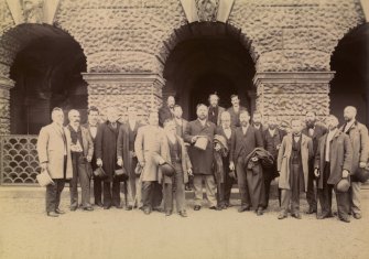  View of group standing in front of Hamilton Palace.
Titled ' MAUSOLEUM- Hamilton Palace.'
PHOTOGRAPH ALBUM NO:11 KIRSTY'S BANFF ALBUM
