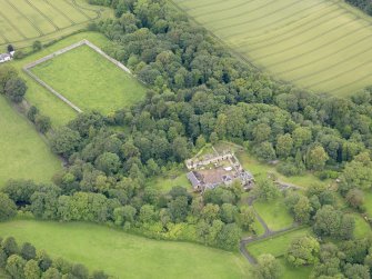 Oblique aerial view of Carriden House stables and walled garden, taken from the SE.