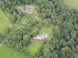 Oblique aerial view of Carriden House and stables, taken from the E.