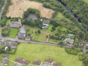 Oblique aerial view of Larbert Old Church, taken from the NNW.