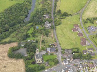 Oblique aerial view of Larbert Old Church, taken from the E.