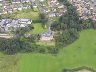 Oblique aerial view of Airth Castle and Old Parish Church, taken from the SSE.