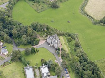 Oblique aerial view of Airth Castle and Old Parish Church, taken from the WNW.